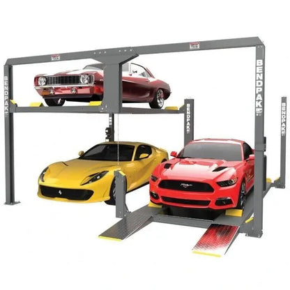 BendPak PL-12000DP four-post tandem parking lift front-right view; supports three vehicles on dual runways with independent lifting platforms.