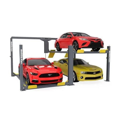 BendPak PL-12000DP four-post tandem parking lift stacking two red and yellow sports cars; hero view showing dual platforms and extended-width columns.