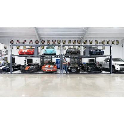 BendPak PL-12000DP four-post tandem parking lift wide shot; complete row of lifts holding sports cars and trucks in an organized automotive collection.