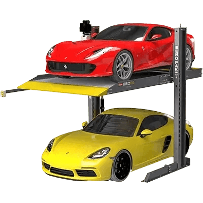 BendPak PL-6000DC two-post parking lift stacking a red sports car above a yellow coupe; hero view shows dual hydraulic posts and full-width platform.
