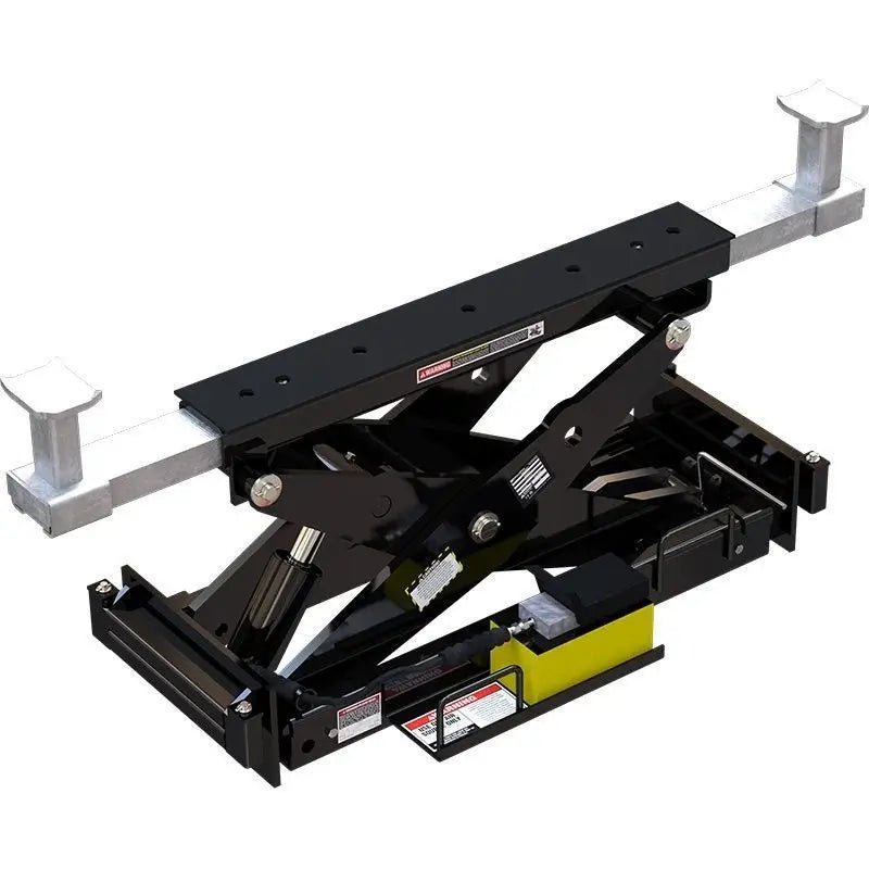 Angled top-down view of BendPak RBJ15000 rolling bridge jack with 15,000-lb capacity, showing black scissor-lift arms, adjustable lift pads, and hydraulic system on a white background.