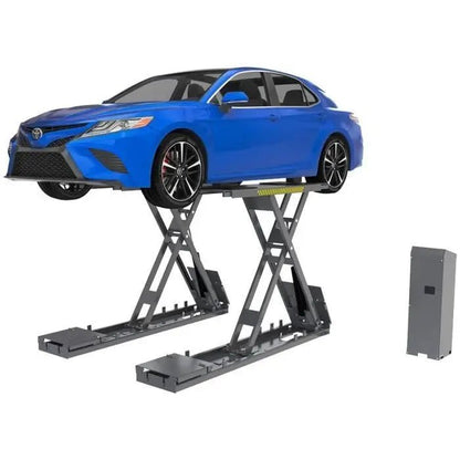 BendPak SP-7XEF full-rise scissor lift flush-mounted in a residential garage; compact installation with closed platforms level to the floor surface.
