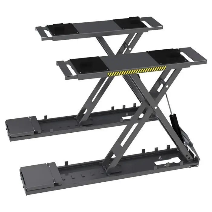 BendPak SP-7XEF full-rise scissor lift 7,000 lb capacity; side view highlighting dual synchronized scissor mechanisms and rubber top pads.