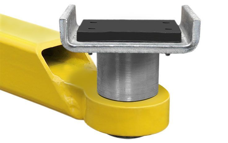 BendPak XPR-12CL-192 two-post lift frame cradle pad detail showing steel U-bracket with rubber pad and pin adapter for stable vehicle lifting points.