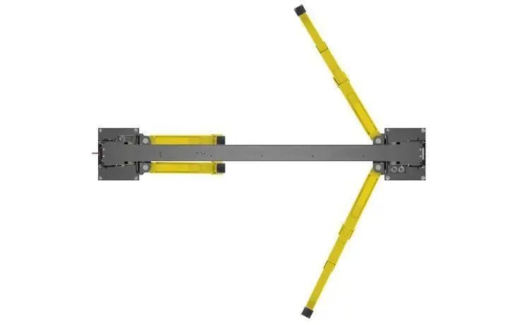 BendPak XPR-12CL two-post lift arm assembly side view showing dual telescoping yellow arms with pivot joints and adjustable rubber contact pads.