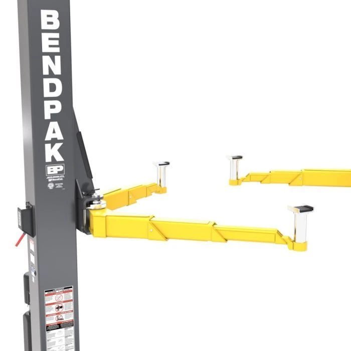 BendPak XPR-12CL two-post lift telescoping lift arms close-up; yellow multi-stage arms with adjustable contact pads designed for high-capacity lifting.