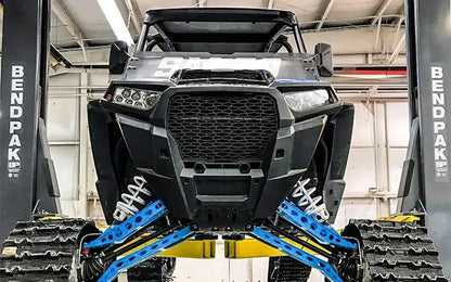 BendPak XPR-18CL-192 two-post lift supporting an off-road UTV on tracks; front view highlights extended-height columns and adjustable overhead beam
