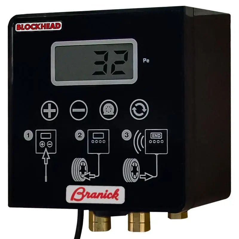 BRANICK Blockhead Auto Tire Inflator model 40-0075 with automatic inflate and deflate functions, digital PSI display, audible alert system, wall mounting capability, nitrogen compatibility for commercial tire shops, fleet maintenance operations, and high-volume tire service facilities requiring precision air management without manual pressure monitoring