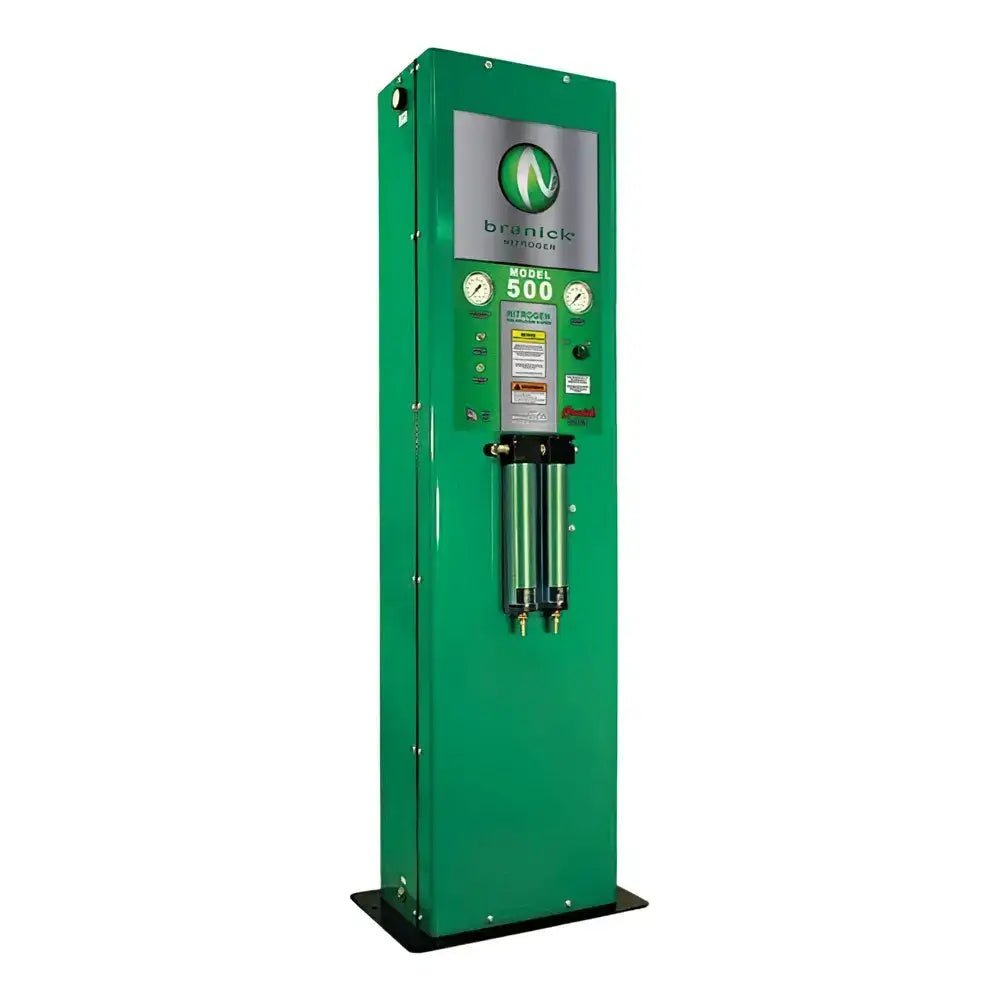 Branick 500 nitrogen generator tower, front angled view showing single-membrane system with dual pressure gauges, control panel, and dual filter canisters in green steel cabinet for 150–175 psi range.