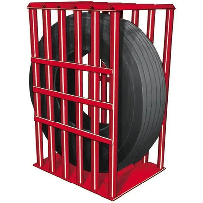 Branick 6 Bar truck tire inflation cage, side angled view showing heavy-duty red steel construction with reinforced bars enclosing a large mounted truck tire for safety during inflation.