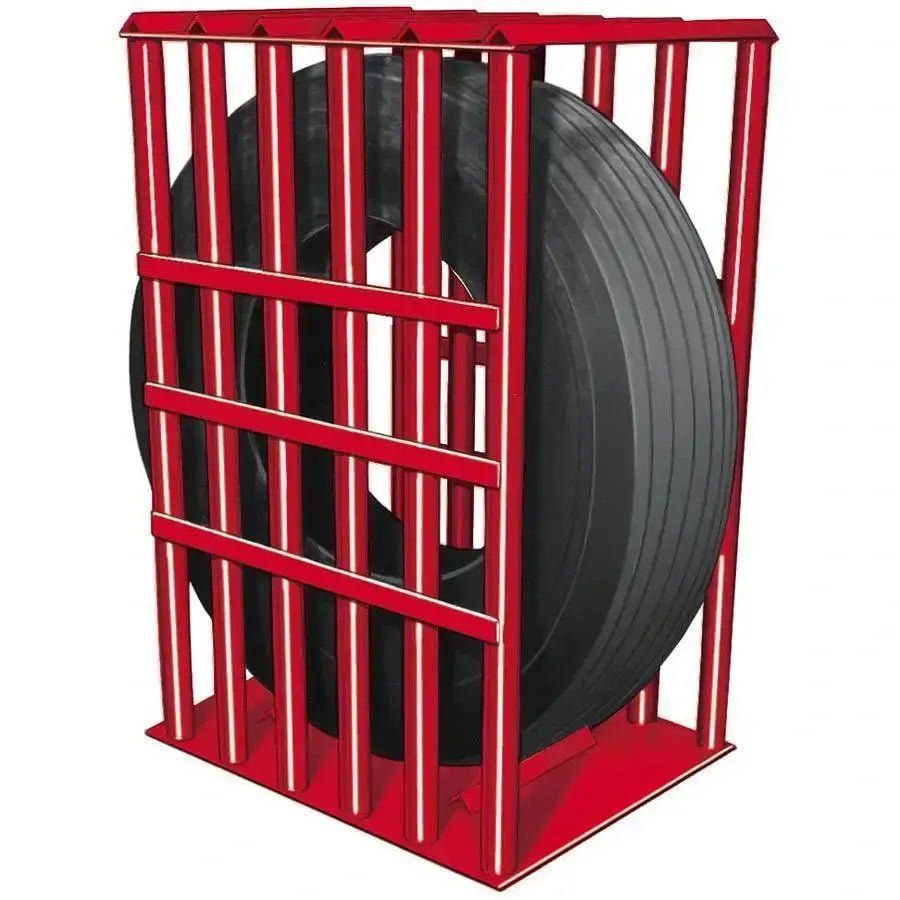 Branick 6 Bar truck tire inflation cage, side angled view showing heavy-duty red steel construction with reinforced bars enclosing a large mounted truck tire for safety during inflation.