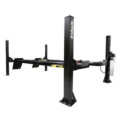 Challenger Lifts 4115XFO four-post lift, open-front general service model with black steel frame, flat deck runways, and hydraulic power unit for easy vehicle access and alignment service.