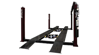 Challenger Lifts 44018 four-post lift, medium-duty 18,000 lb capacity model shown in maroon finish with extended runways, heavy-duty columns, and hydraulic system for trucks and fleet vehicles.