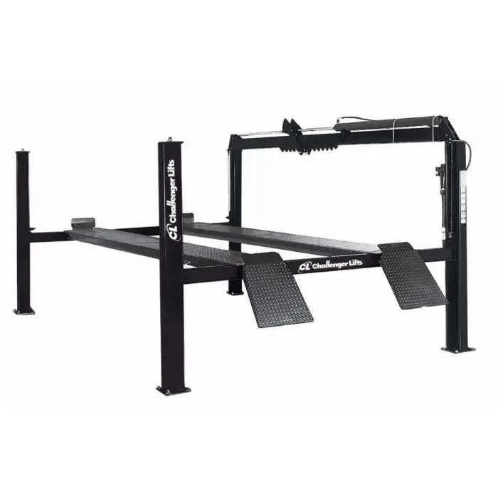 Challenger Lifts 44018 four-post lift, side angled view of medium-duty 18,000 lb capacity model with black steel frame, long runways, and ramp extensions for trucks and commercial vehicles.