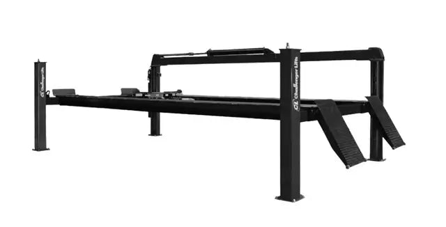 Challenger Lifts 44030 four-post lift, side angled view of heavy-duty 30,000 lb capacity model with black steel frame, long runways, and reinforced ramps for large RV and fleet vehicle lifting.