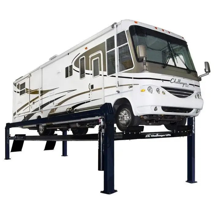 Challenger Lifts 44030X four-post lift, extra heavy-duty 30,000 lb capacity model shown raising a large motorhome on reinforced steel runways, designed for fleet, bus, and RV service operations.