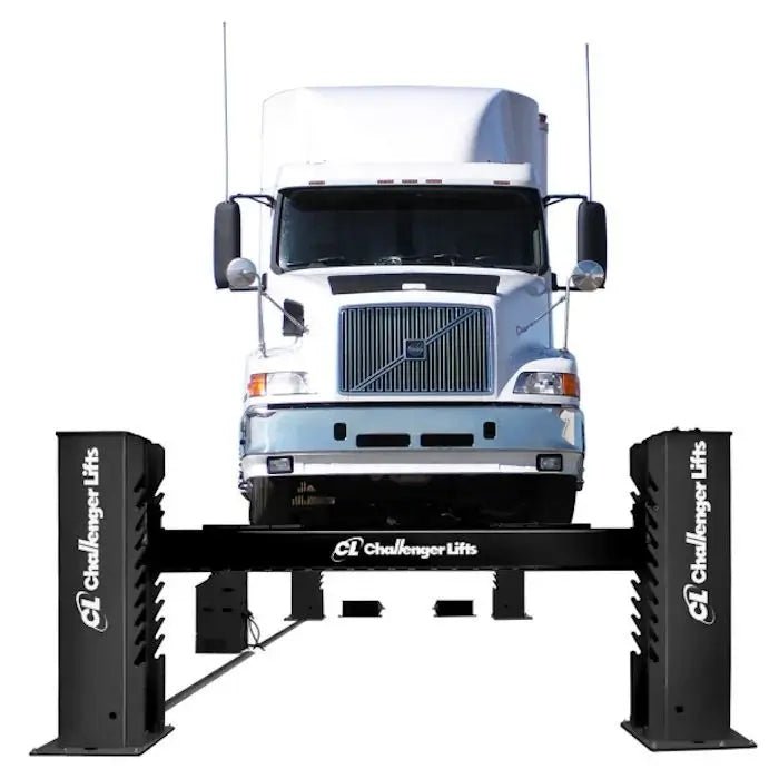 Challenger Lifts 44040X four-post heavy-duty lift, 40,000 lb capacity, shown hoisting a semi-truck on reinforced steel platforms for commercial fleet and service bay use.
