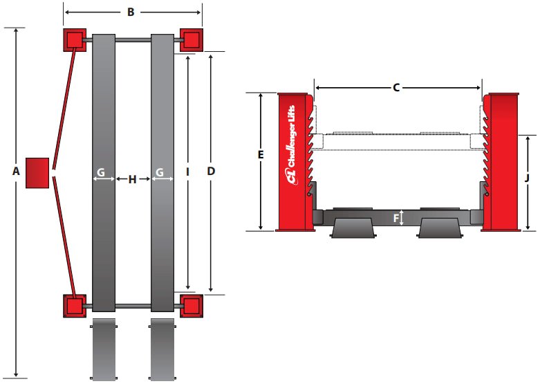 Challenger Lifts 44040X four-post heavy-duty lift technical diagram showing top and side views with labeled dimensions A–I for platform width, post spacing, and overall lift height and length specifications