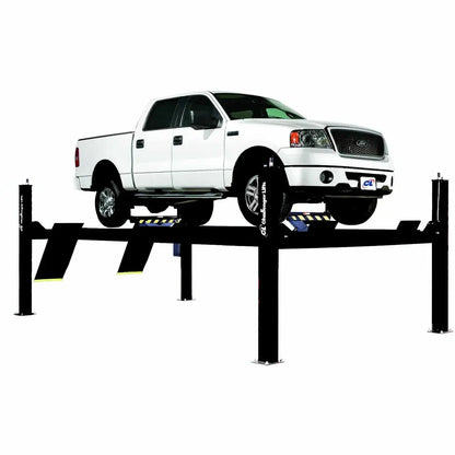 Challenger Lifts 4P14EFX four-post automotive lift, front view with white pickup truck raised on heavy-duty black steel runways and column supports, showing closed-front alignment configuration.