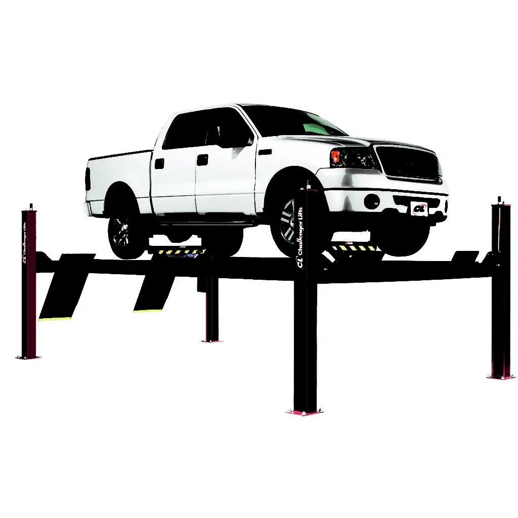 Challenger Lifts 4P14EFX four-post lift, front angled view with white pickup truck raised on black steel runways, showing heavy-duty automotive service platform and column structure.