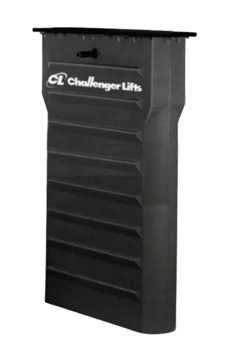 Challenger CSPK Universal Pre-Kit column shroud shown in black with Challenger Lifts logo, designed to protect hydraulic and cable components in in-ground lift installations
