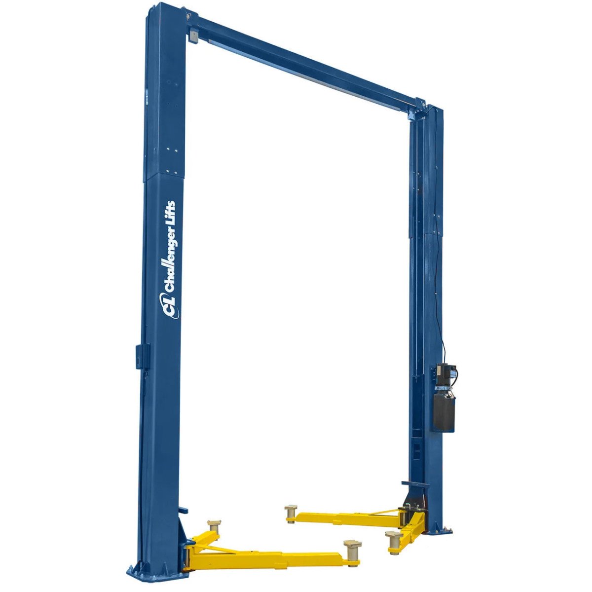 Challenger Lifts E15 two post lift in blue with yellow arms and overhead cable design, built for 15000 lb lifting capacity for commercial vehicles and fleet service