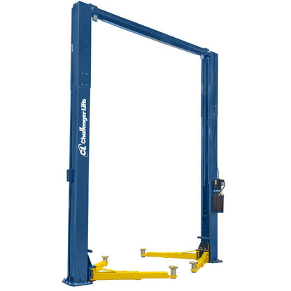Challenger Lifts E15 two post lift in blue with yellow arms and overhead cable design, built for 15000 lb lifting capacity for commercial vehicles and fleet service