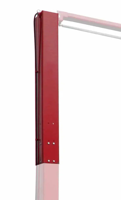 Challenger LE12 symmetric two post lift closeup of red column top section showing cable routing and overhead equalization bar for structural stability