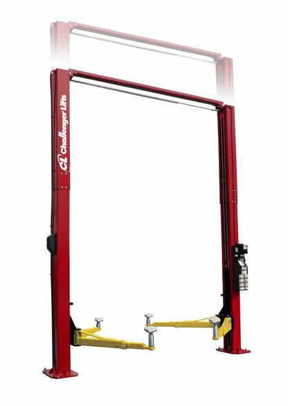 Challenger LE12 symmetric two post lift in red with yellow lifting arms, designed for 12000 lb capacity commercial vehicle service and heavy duty applications