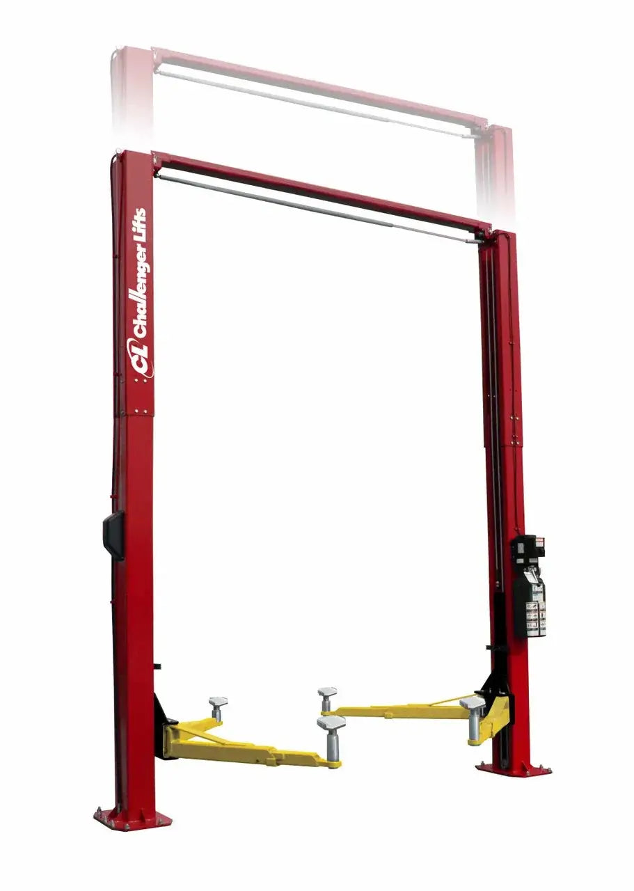 Challenger LE12 symmetric two post lift in red with yellow lifting arms, designed for 12000 lb capacity commercial vehicle service and heavy duty applications
