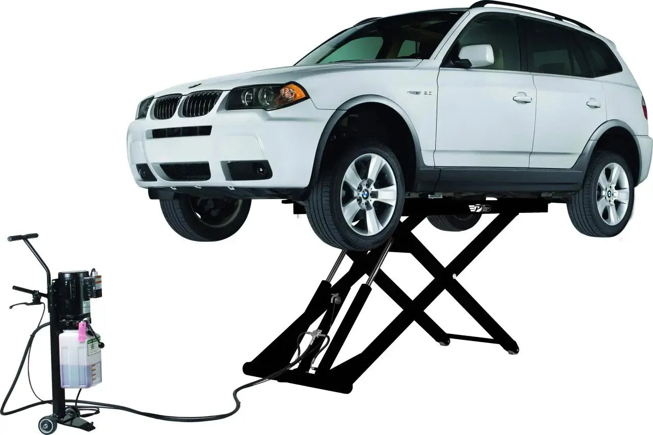 Challenger MR6 mid rise portable lift shown elevating a BMW SUV with hydraulic scissor design and mobile power unit for 6000 lb lifting capacity