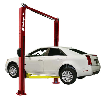 Challenger SA10 two post lift in red lifting a white sedan, showing overhead equalization cable design and dual position arms for versatile workshop applications