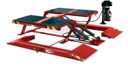 Challenger SRM10 short rise lift red version with black slip-resistant pads, twin hydraulic cylinders, and integrated approach ramps for easy vehicle access