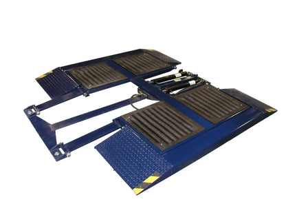 Challenger SRM10 short rise lift top view showing dual ramps, textured platform surfaces, and hydraulic linkages for compact low-profile lifting