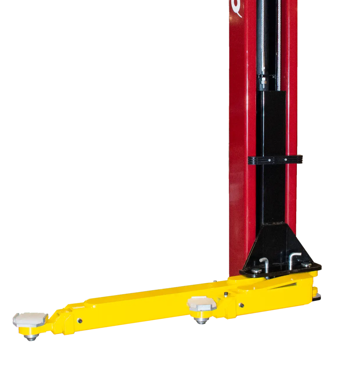 Challenger VLE10 two post lift closeup of the yellow Versymmetric arm assembly and pad adaptors at the base of the red column for vehicle lifting