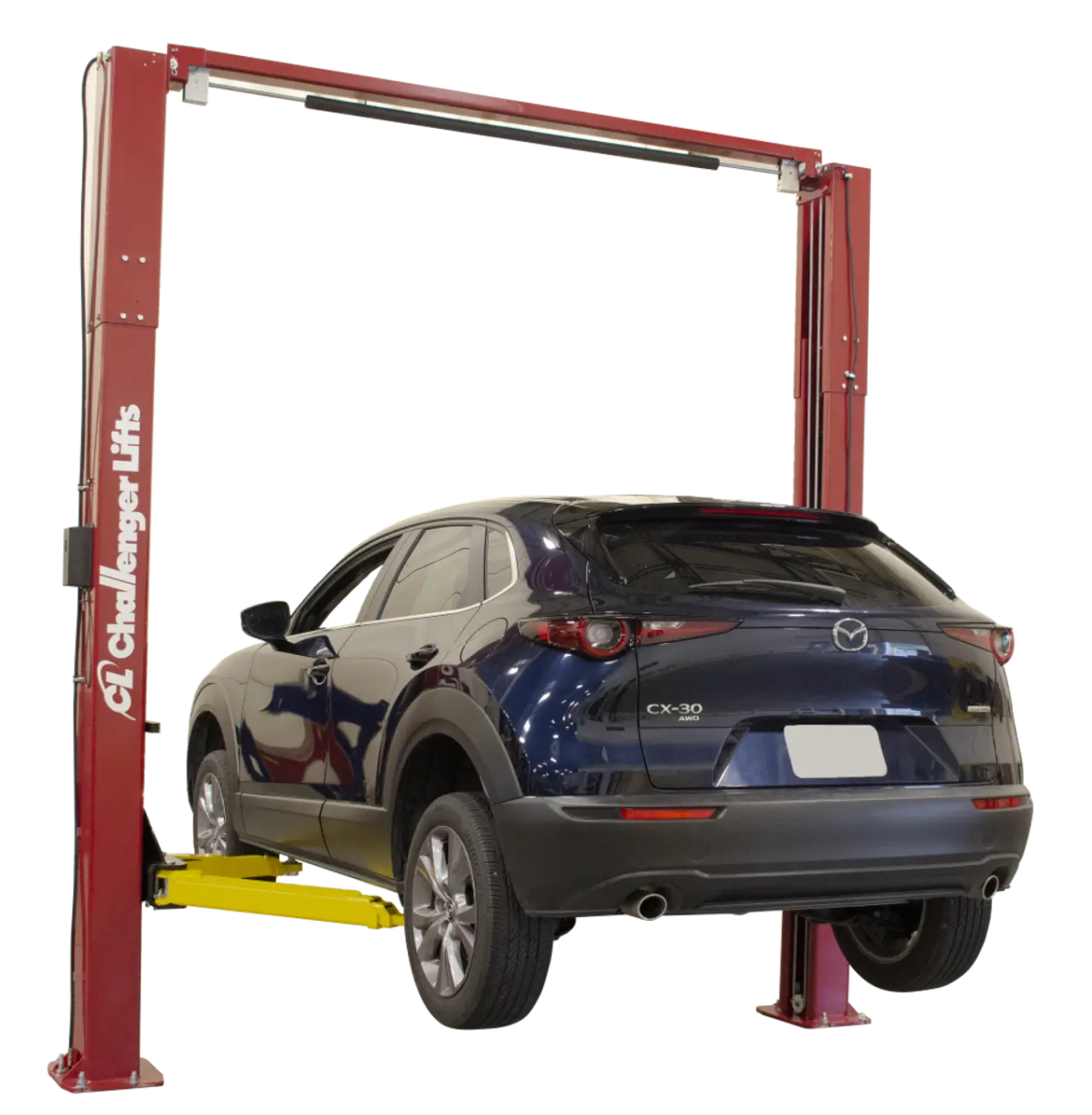 Challenger VLE10 two post lift shown lifting a Mazda CX-30 SUV, featuring red posts and yellow Versymmetric arms for efficient service bay vehicle access