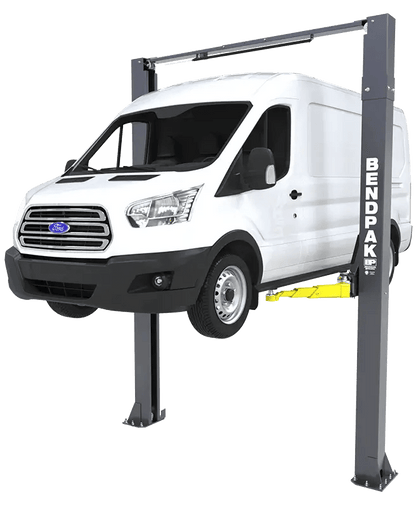 BendPak 10APX-181 two-post car lift full view showing columns, overhead beam and swing arms