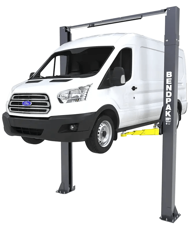BendPak 10APX-181 two-post car lift full view showing columns, overhead beam and swing arms