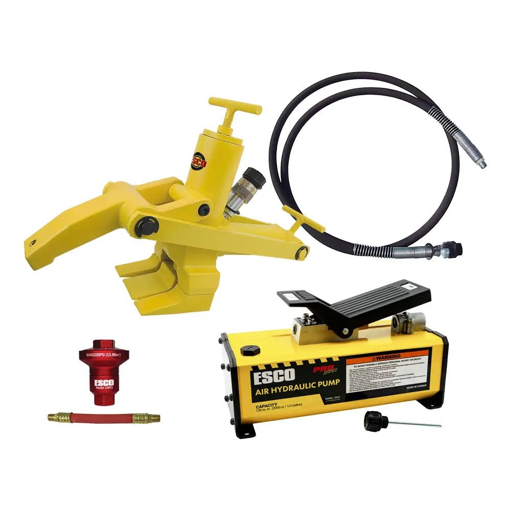 OTR 3-piece wheel bead breaker kit with hydraulic pump and hoses for servicing heavy equipment tires