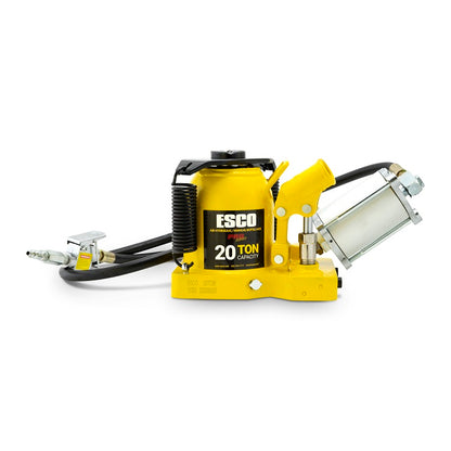 ESCO 10382 Pro Series 20 ton low profile air hydraulic bottle jack, lowered, with air hose and push-button trigger