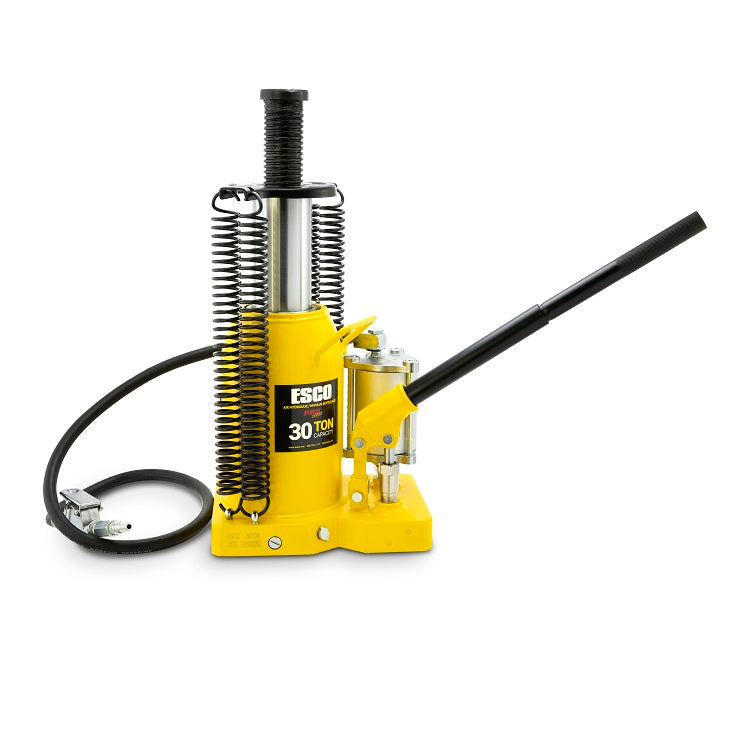 ESCO 10383 30 ton air hydraulic bottle jack with ram extended and two-piece manual handle