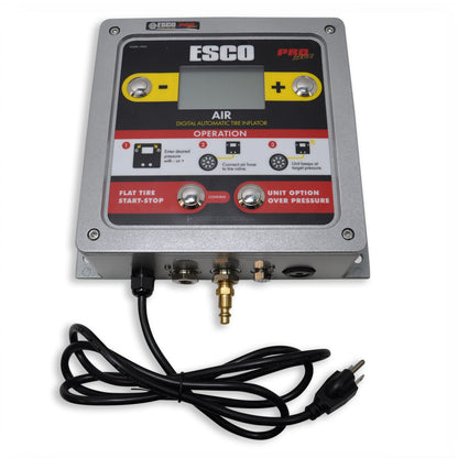 ESCO Model 10965 automatic tire inflator control panel with anti-vandal buttons, flat tire start-stop, over pressure setting, and power cord