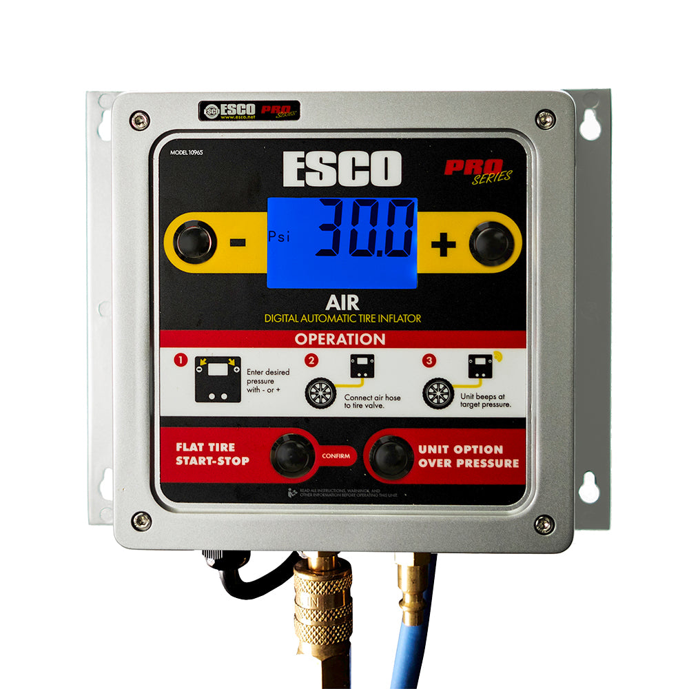 ESCO 10965 digital wall mounted tire inflator in aluminum housing, mounted on wall bracket with backlit display reading 30.0 psi and air hose connected