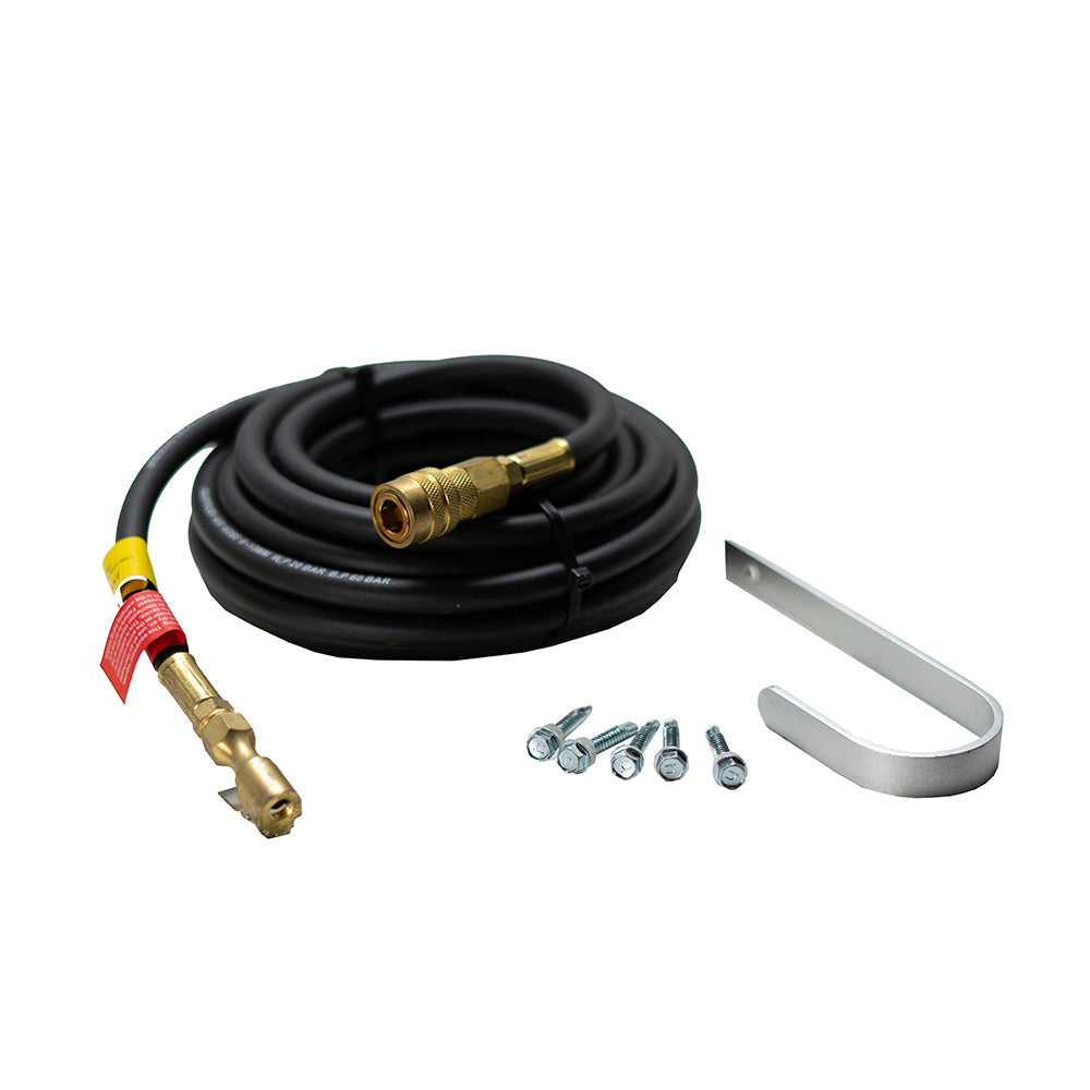 Included ESCO 10965 accessories: 25 ft air hose with single straight clip-on chuck, aluminum hook and M6 wall-mounting screws