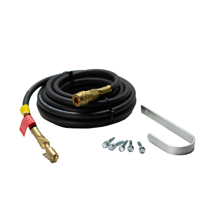 Included ESCO 10965 accessories: 25 ft air hose with single straight clip-on chuck, aluminum hook and M6 wall-mounting screws