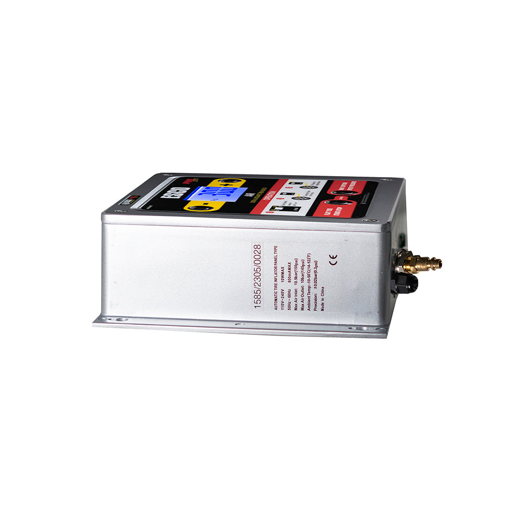 ESCO 10965 tire inflator data plate listing voltage, maximum air inlet and outlet pressure, ambient temperature range and precision