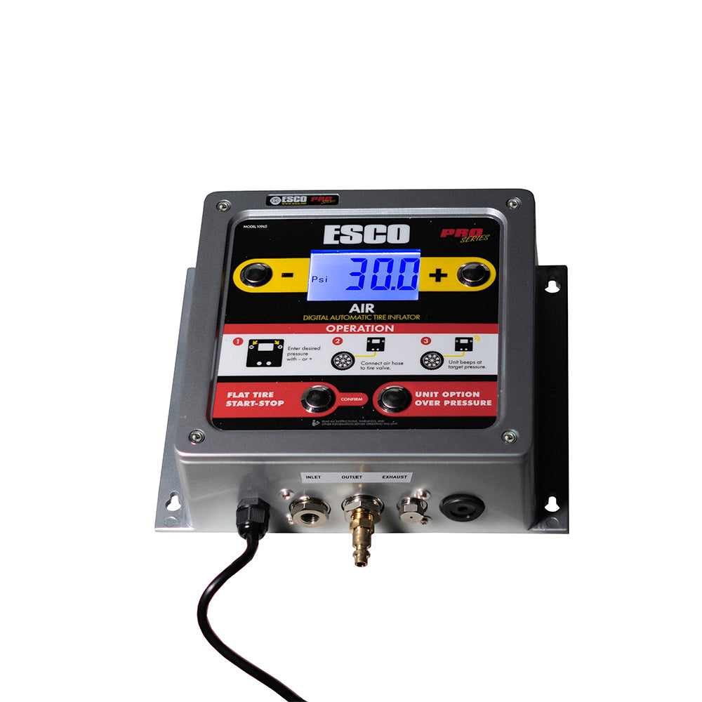 Angled view of the ESCO 10965 wall mounted tire inflator showing the mounting flanges and bottom air connections