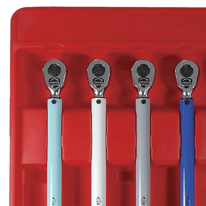AMERICAN FORGE & FOUNDRY AFF-42005 ratchet heads of five preset torque wrenches arranged in a red tray.
