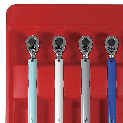 AMERICAN FORGE & FOUNDRY AFF-42005 ratchet heads of five preset torque wrenches arranged in a red tray.