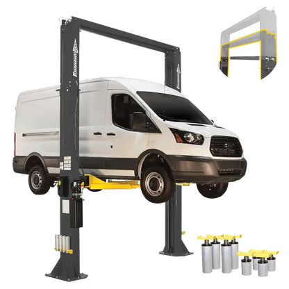 Vehicle lift with white van using Forward DP15 15K heavy-duty two-post lift and adapter extensions
